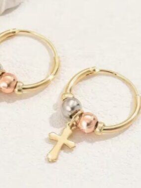 Gold Small Hoop Earring- Dangling Cross & Silver and Bronze Beads Accent. NWOT.
